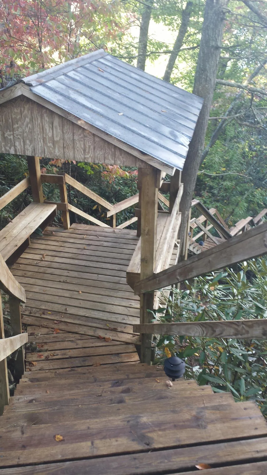 Metal roofed shelter over wooden steps on a wooded walkway — Skylight Repair & Installation work by our crew in Visalia